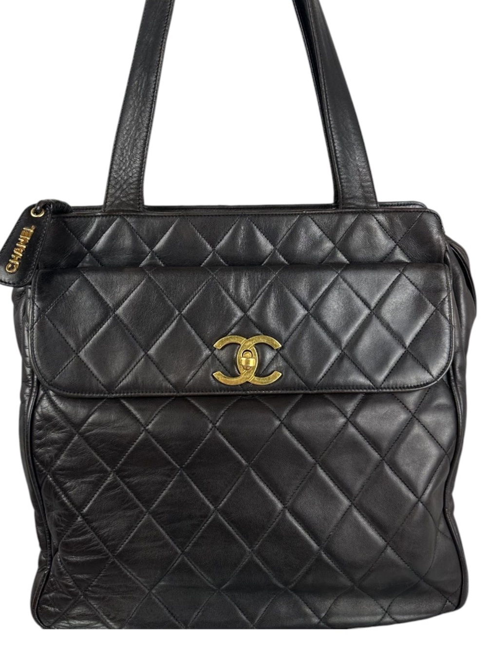 CHANEL Chocolate Brown Quilted Lambskin Leather Tote 24K Gold-Plated CC Turnlock